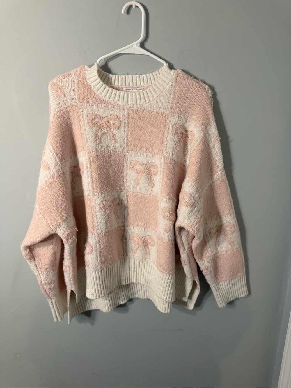 Cream-Trim Pink Bow Checker Knit Sweater
